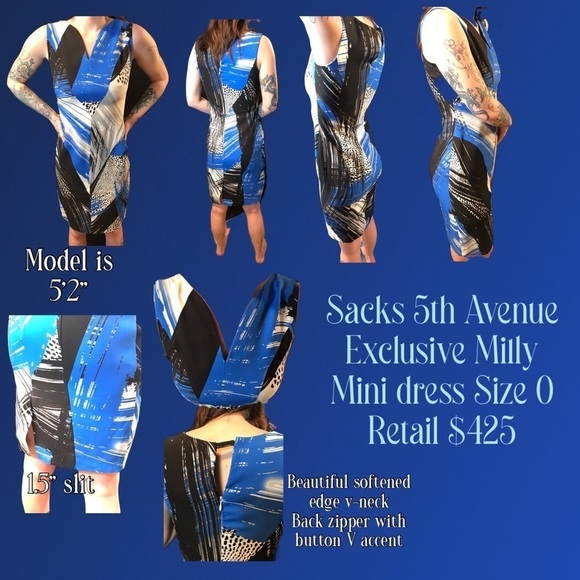💙🖤NEW! FITTED MINI DRESS-SZ 0 BY MILLY -SACKS 5TH AVE-BLUE BLACK WHITE🖤💙 - Picture 2 of 11